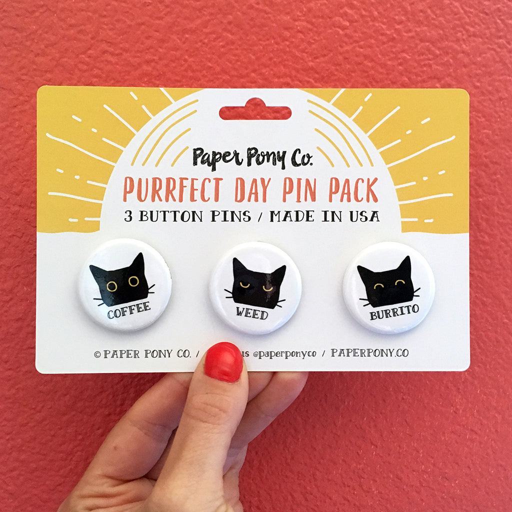 Purrfect Day Pin Pack, Button Pins - Paper Pony Co.