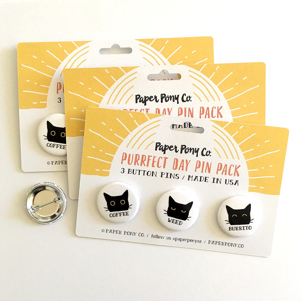 Purrfect Day Pin Pack, Button Pins - Paper Pony Co.